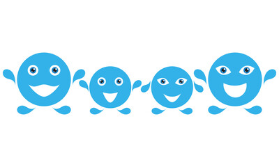 Cheerful happy family with children from blue round water droplets. Cute smiling drops of water with faces. Mom and dad, son and daughter. Set of vector illustrations.