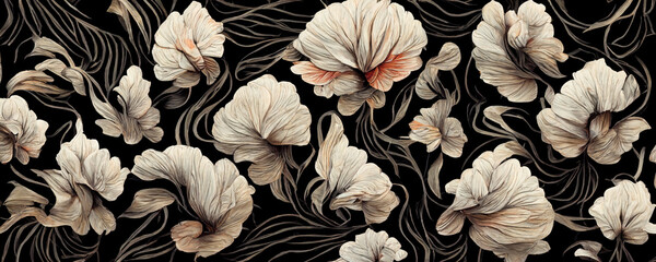 Factory fabric pattern of white flowers with milky shades on black fabric