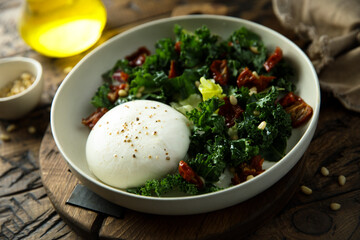 Healthy kale salad with fresh cheese and pine nuts