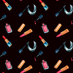 Obraz premium Beauty products watercolor illustration seamless pattern on dark background.