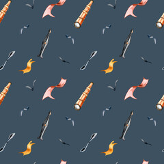 Seamless pattern for retro airplane collection. Watercolor illustration in vintage style.