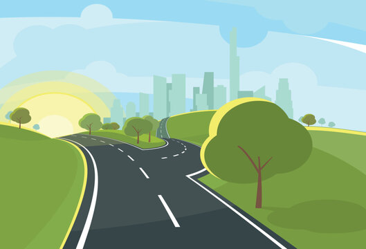 Cartoon landscape with road to city. Summer sunrise