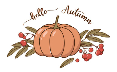 Vector text with autumn icons: hand drawn pumpkin, fallen leaves, rowan. Doodle collection of fall season elements. Flat cartoon illustration with ashberry for photo overlays, t-shirt print, flyer