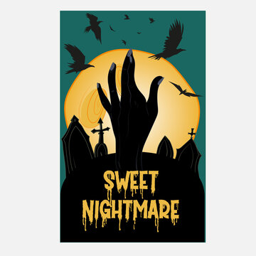 Happy Halloween banner or party invitation background with night clouds and pumpkins. Full moon in the sky, spiders web and flying bats. Place for text