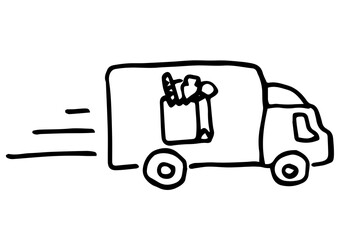 Black food truck of delivery rides at high speed. Flat doodle cartoon vector illustration.