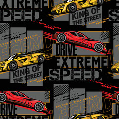 Abstract seamless pattern with sport cars .Bright background with grunge elements for textiles, children's clothes, prints. Pattern for boys © SokolArtStudio