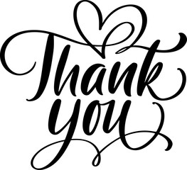 Hand drawn vintage vector text Thank you and heart. Calligraphy lettering love romantic illustration for wedding, Thanksgiving Day, greeting card. Isolated on white