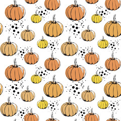 Seamless pattern with bright pumpkins on a white background. Colorful hand-drawn illustrations. halloween background