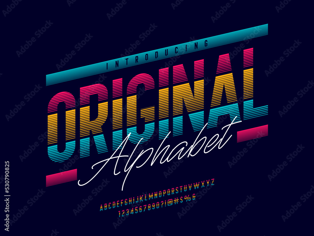 Poster modern multiple lines alphabet design with uppercase, numbers and symbol