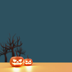 3D Rendering Of Illuminated Jack-O-Lanterns With Blurred Bare Trees, Copy Space On Blue And Orange Background.