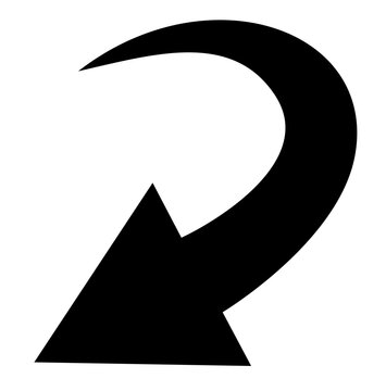 Curved arrow icon with sharp end. Black arrow indicating reverse turn. Direction pointer pointing to the left