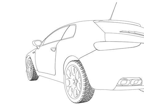 The contour of the back of the car from black lines isolated on a white background. Back view. 3D. Vector illustration.