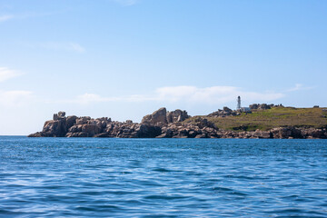 Peninnis Head lighthouse, St. Mary's, Isles of Scilly, UK, from a yacht in St. Mary's Sound
