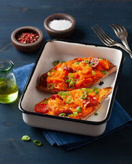 twice baked sweet potato with cheese and chorizo sausage
