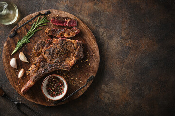 Dry-aged marble beef steak Tomahawk on wooden board with spices. Flat lay, dinner concept