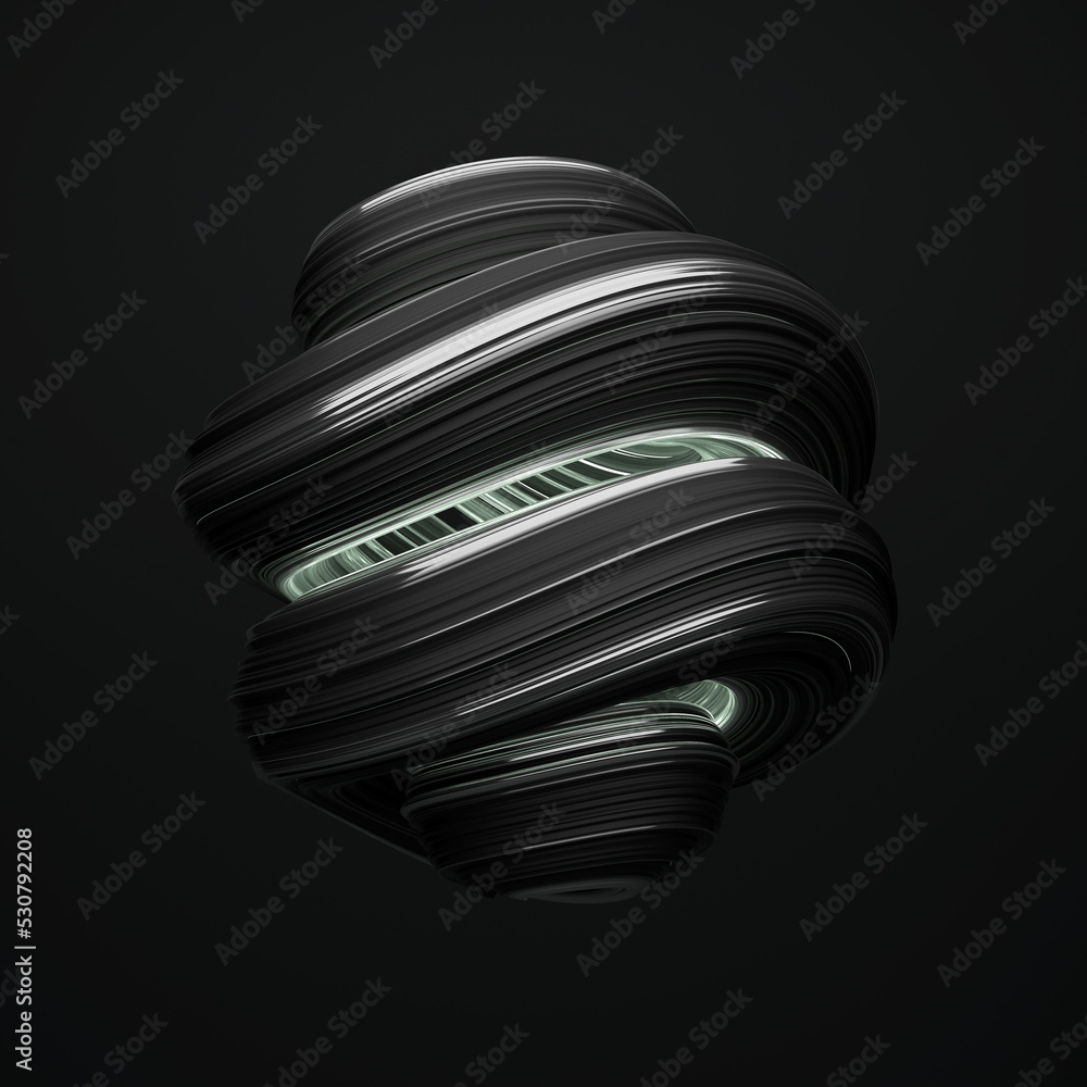 Poster black abstract twisted shape. monochrome round geometry, gradient curve background, computer generat