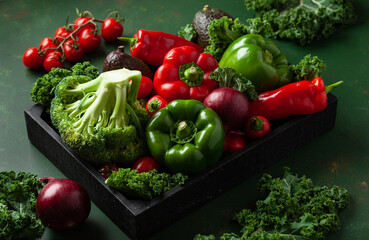 assorted red and green vegetables tomatoes, bell peppers, kale avocado