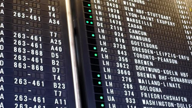 Flight Departures information board at Airport in Germany, schedule of aircraft flights on electronic scoreboard, concept delay, flight cancellation, arrival time, flight number, wait for arrival