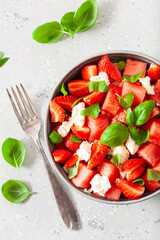 watermelon salad with strawberry mozzarella cheese basil. healthy summer dessert