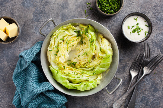 stewed steamed cabbage with butter, healthy vegetarian food