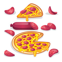 Slice of pepperoni pizza and sliced spicy sausage. Smoked, spicy appetizer. Crispy crust with dripping cheese filling. The ingredient is cut into halves and circles. Hot meat dish. Delivery logo. 