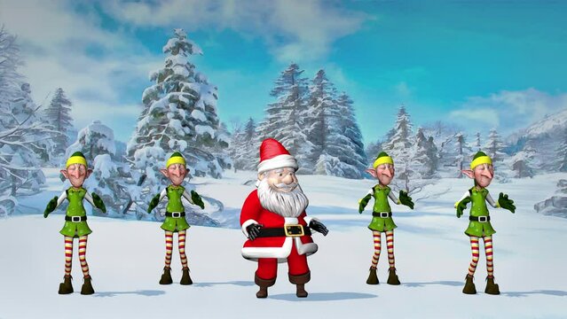 Funny Santa Claus and Elfs are dancing in the Christmas winter forest. The concept of Christmas and New Year. Seamless Loop.
