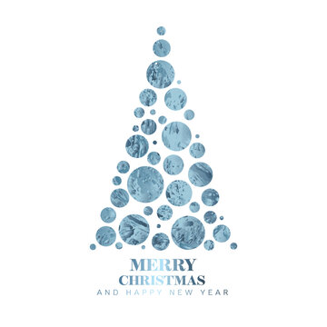 Modern light trendy christmas card with christmas tree made from blue metallic circles