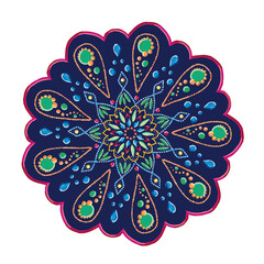 A set of colored mandalas. Decorative round ornaments. Wicker design elements. Logos for yoga, backgrounds for posters, icons for programs and websites. The unusual shape of the flower.
