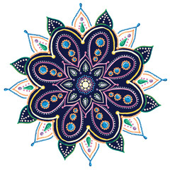 A set of colored mandalas. Decorative round ornaments. Wicker design elements. Logos for yoga, backgrounds for posters, icons for programs and websites. The unusual shape of the flower.