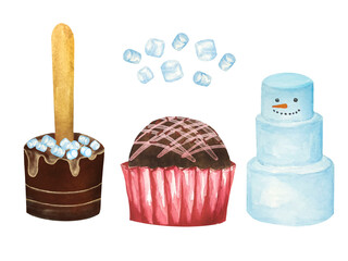 Christmas sweets, marshmallows, chocolate bombs isolated on white background. For the design and decoration of postcards, posters, compositions.