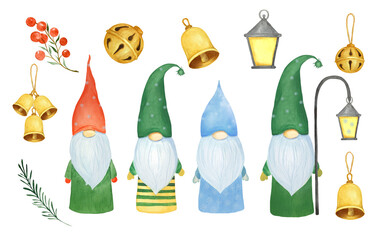 Naklejka premium Watercolor illustration of New Year's gnomes in hats isolated on white background. Christmas gnome in Scandinavian style. Decorative design element.