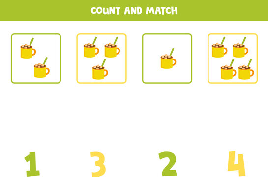 Counting Game For Kids. Count All Cacao Cups And Match With Numbers. Worksheet For Children.