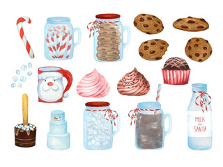 Milkshake, cocoa bar. Watercolor illustration. An isolated object from a large set of Hot cocoa bar. For the design and decoration of postcards, posters, compositions.