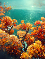 Fototapeta na wymiar cartoon illustration of sunrise in autumn at the ocean