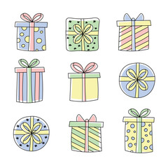 Set of flat vector gift packages fo christmas, birthday or other event. Black solid outline and soft light colours.