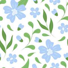 Fototapeta na wymiar seamless pattern on white background blue flowers with leaves. vector 