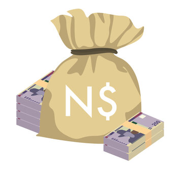 Namibian Dollar Vector Illustration. Namibia money set bundle banknotes. Money bag 200 NAD. Flat style. Isolated on white background. Simple minimal design.