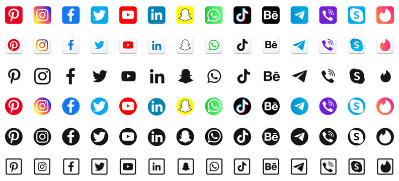 Social media icons. Icon set illustration. Tinder, facebook, twitter, instagram, youtube, telegram, snapchat, pinterest, whatsap icon. Editorial illustration. Vinnitsa, Ukraine - September 15, 2022