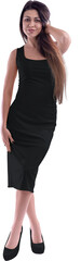 Mock-up of a black tight dress, medium length on a girl in heels, png, isolated on background, front view.