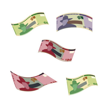 Namibian Dollar Vector Illustration. Namibia money set bundle banknotes. Falling, flying money 50, 100, 200 NAD. Flat style. Isolated on white background. Simple minimal design.