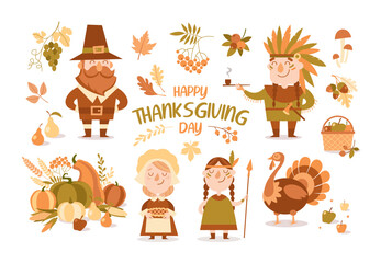 Set of cartoon isolated thanksgiving characters and elements