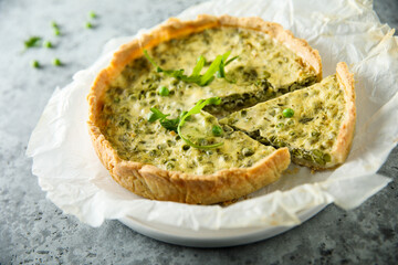 Homemade green pea quiche with cheese