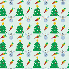 Seamless pattern flat vector for the New year y Christmas with trees and   rabbit (hare) on a light green background. Texture for wrapping paper, fabrics, decor.