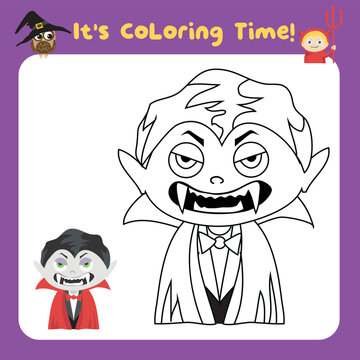 It’s coloring time worksheet. Coloring Halloween worksheet page. Fun activity for kids. Vector illustration. Coloring page Halloween theme. Coloring activity kit for toddlers. Printable coloring page 