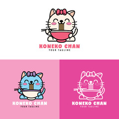 CUTE CAT WITH A RIBBON ON HIS HEAD IS EATING RAMEN NOODLE LOGO COLLECTION