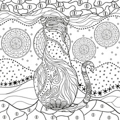 Abstract asian pattern with cat on isolated white. Zentangle. Hand drawn abstract patterns on isolation background. Design for spiritual relaxation for adults. Black and white illustration