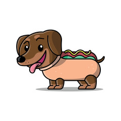 CUTE DACHSHUND DOG IS WEARING A HOTDOG COSTUME