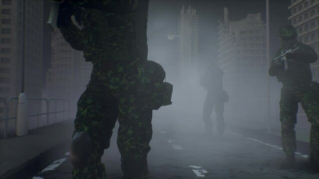 Soldiers in camouflage walk in the fog at night through the ruined city and shoot. Stop the war. 3d animation.