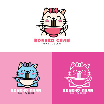 CUTE CAT WITH A RIBBON ON HIS HEAD IS EATING RAMEN NOODLE LOGO COLLECTION