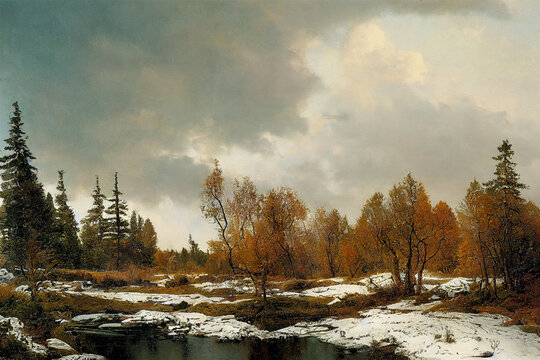 winter is coming scene as an oil painting illustration, lake and trees